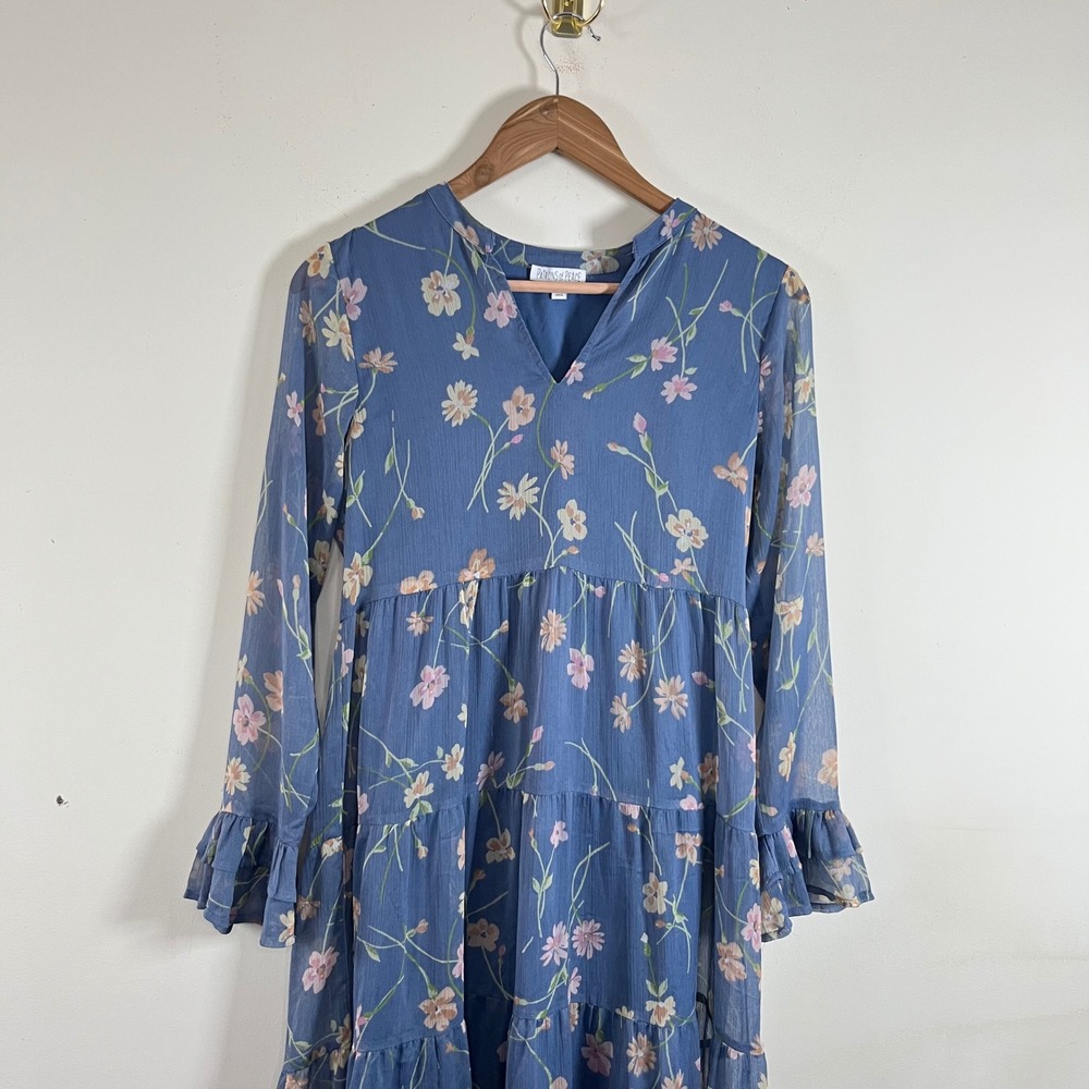 Patrons Of Peace Floral Tiered Maxi Dress Long Sleeve Blue Lined Womens XS Boho - Picture 2 of 6
